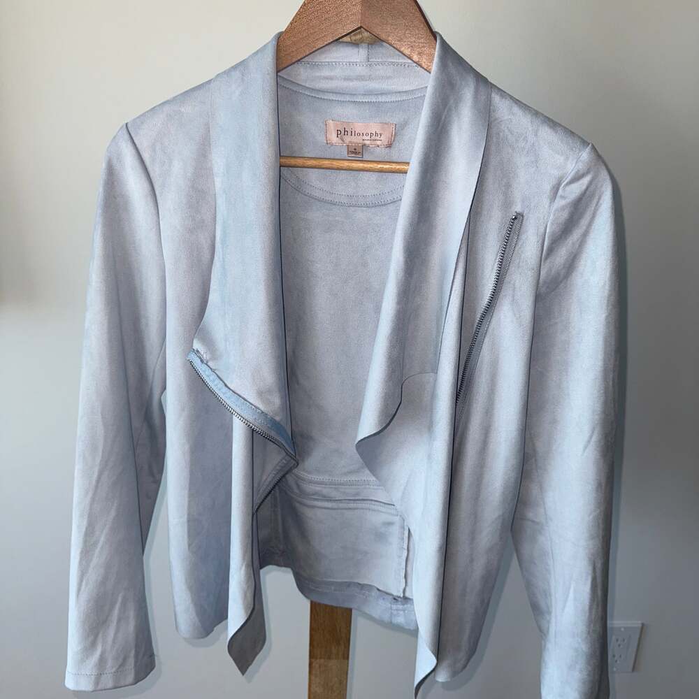 Philosophy Light Blue Faux Suede Drape Front Jacket